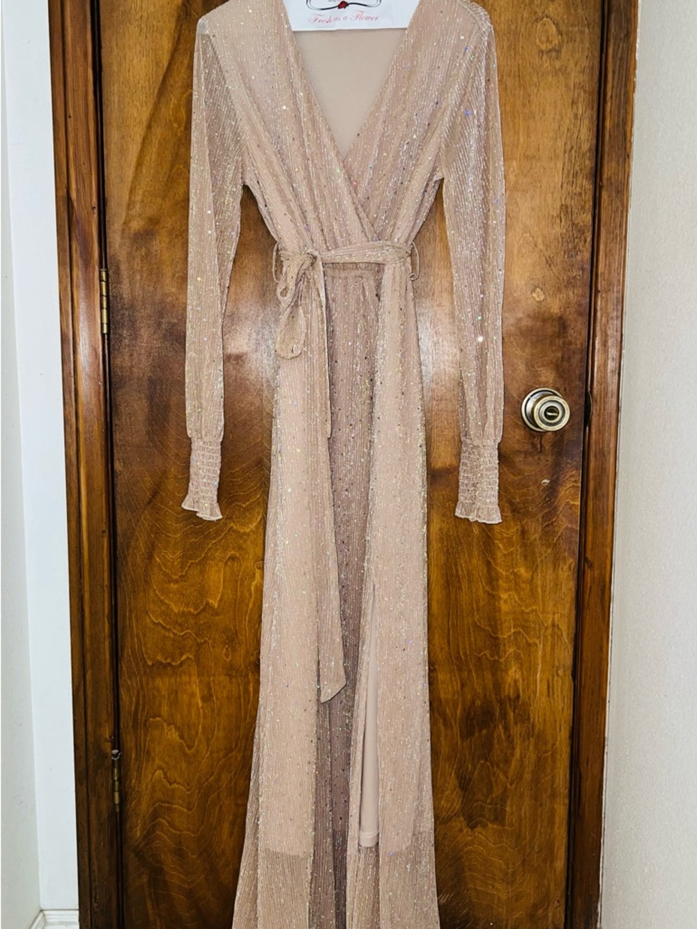 Rose Gold Sparkle Wrap Maxi Dress in Nude - Picture 2 of 6